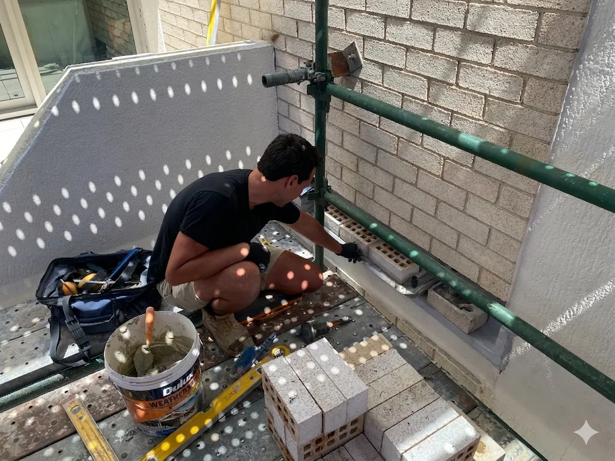 Cavity flashing remediation work on a Sydney brick wall