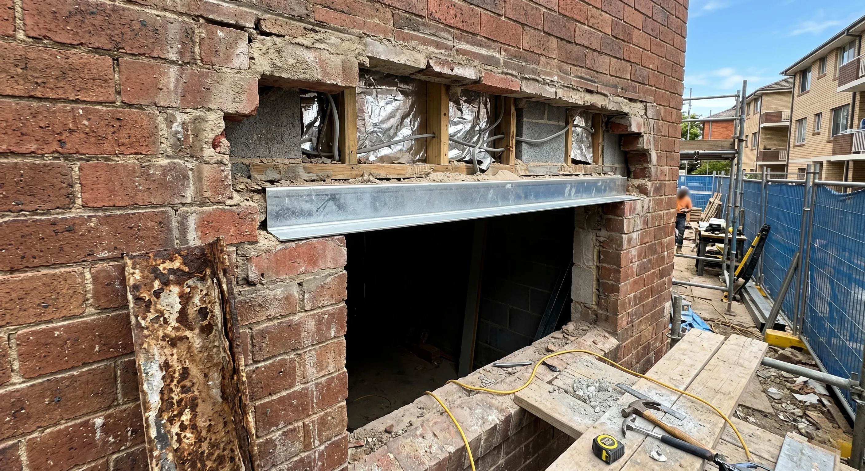 Lintel replacement work above a window on a Sydney brick wall