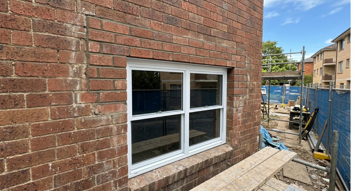 Reinstated window opening with surrounding brick repair complete and site scaffolding still in place