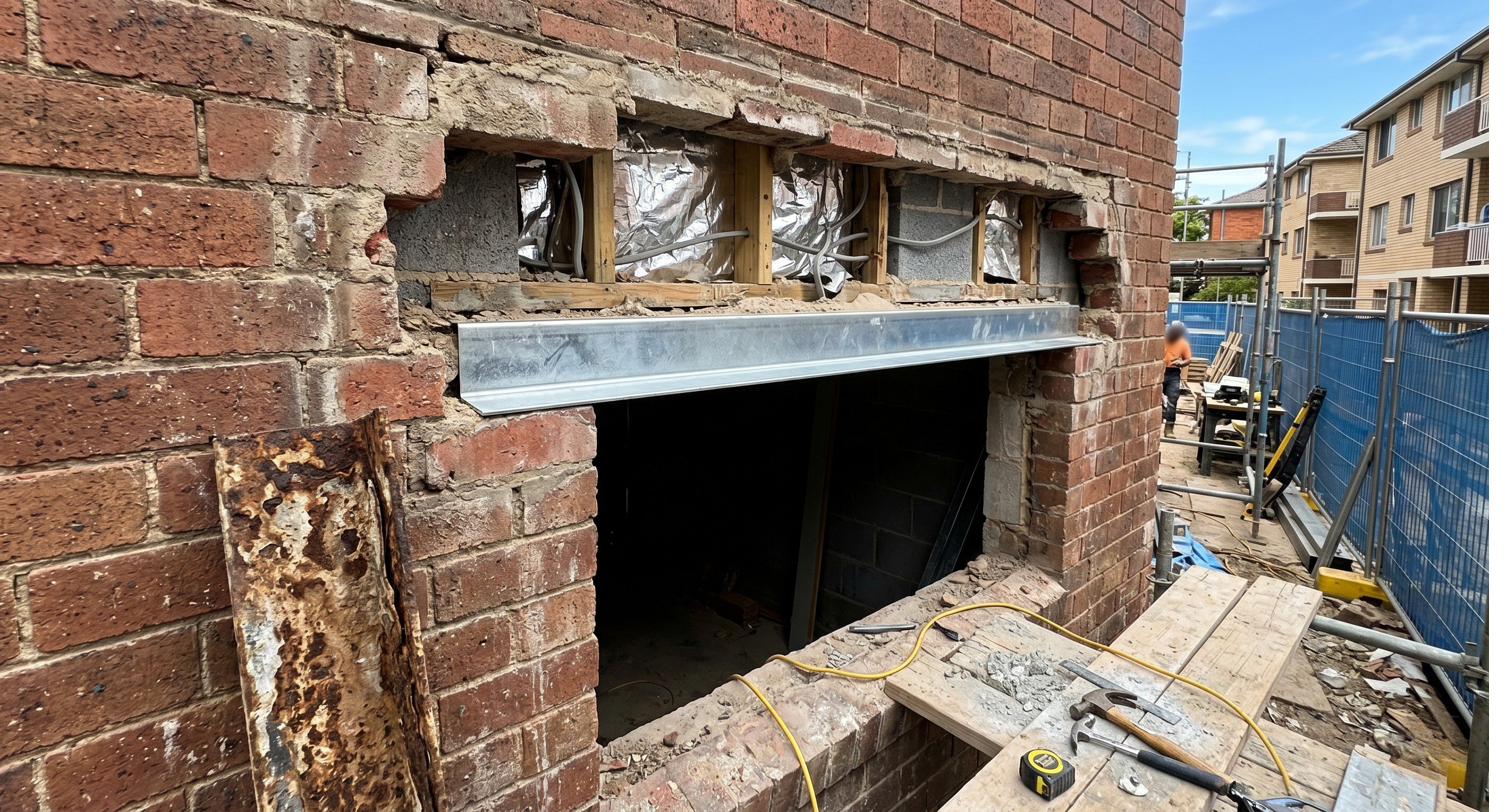 Brick opening with new galvanised steel lintel in place after extracting the old corroded one