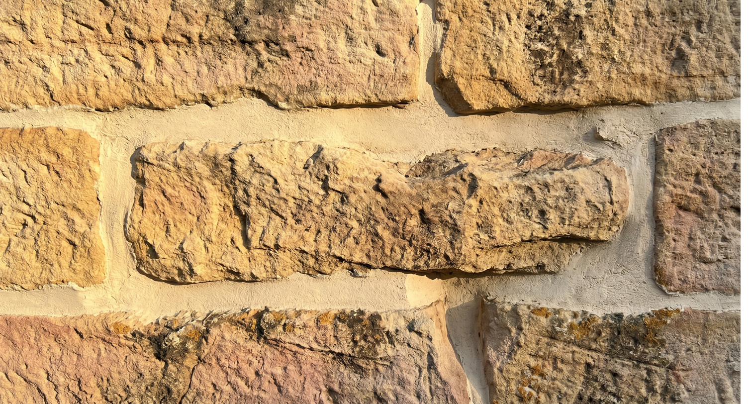 Detail of sandstone block repointed with clean pale mortar joint, illustrative reference