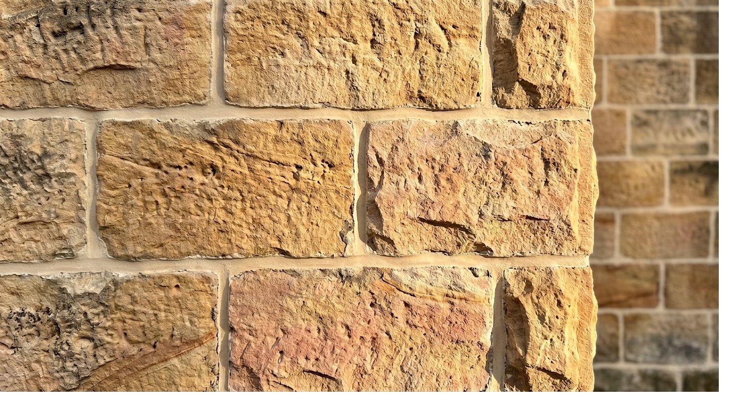 Sandstone wall section with consistent fresh mortar joints across courses, illustrative reference