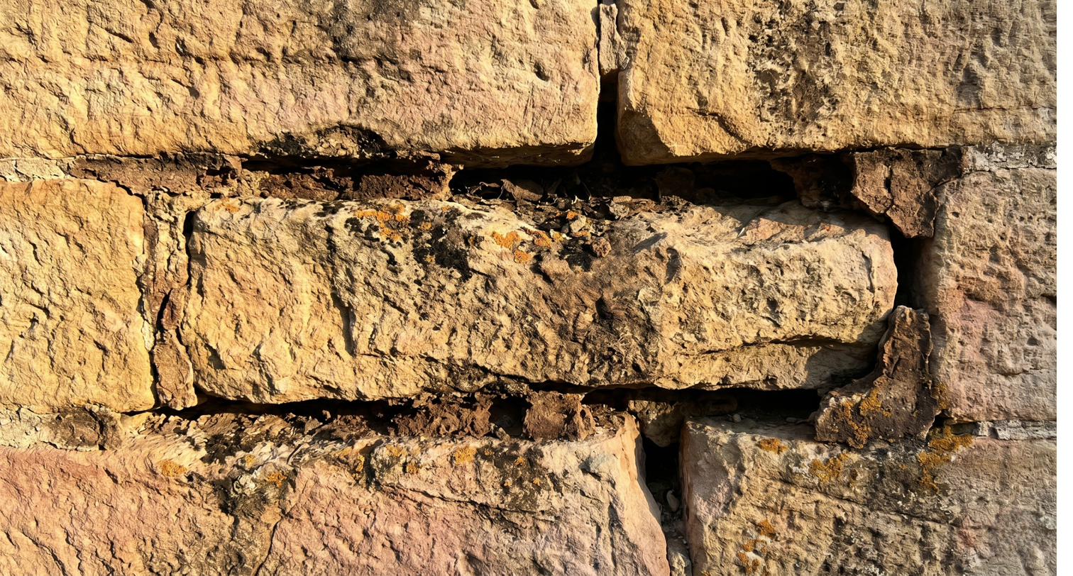 Sandstone wall detail with deeply eroded mortar joints before repointing, illustrative reference