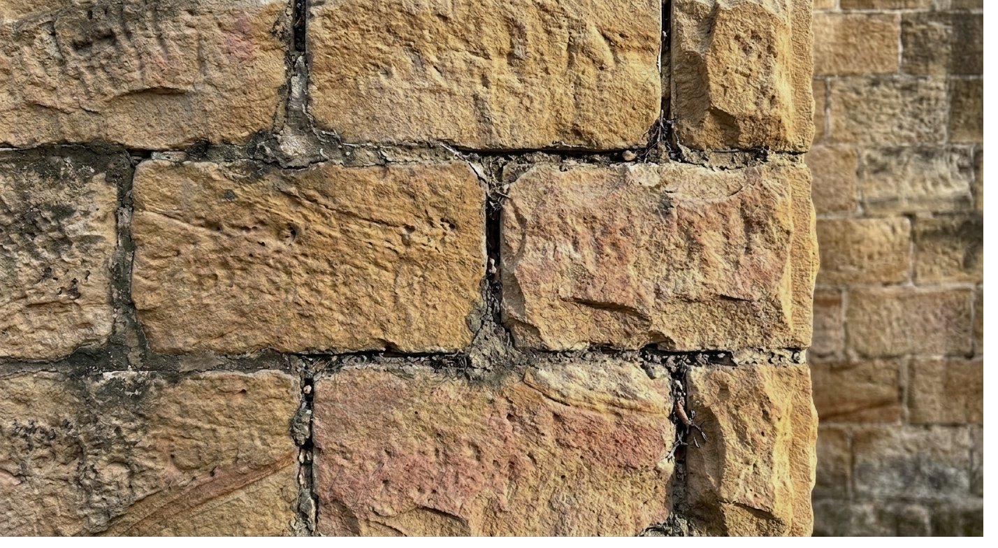 Sandstone heritage wall with eroded dark mortar lines before remedial repointing, illustrative reference